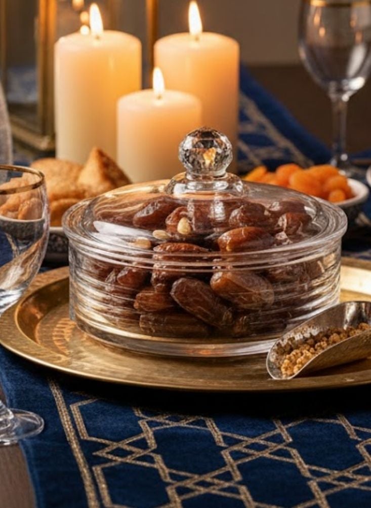 بريميم وعاء تخزين زجاجي دائري شفاف مع غطاء كريستالي قطعة واحدة وعاء فاخر للحلوى والتمر - Image 2